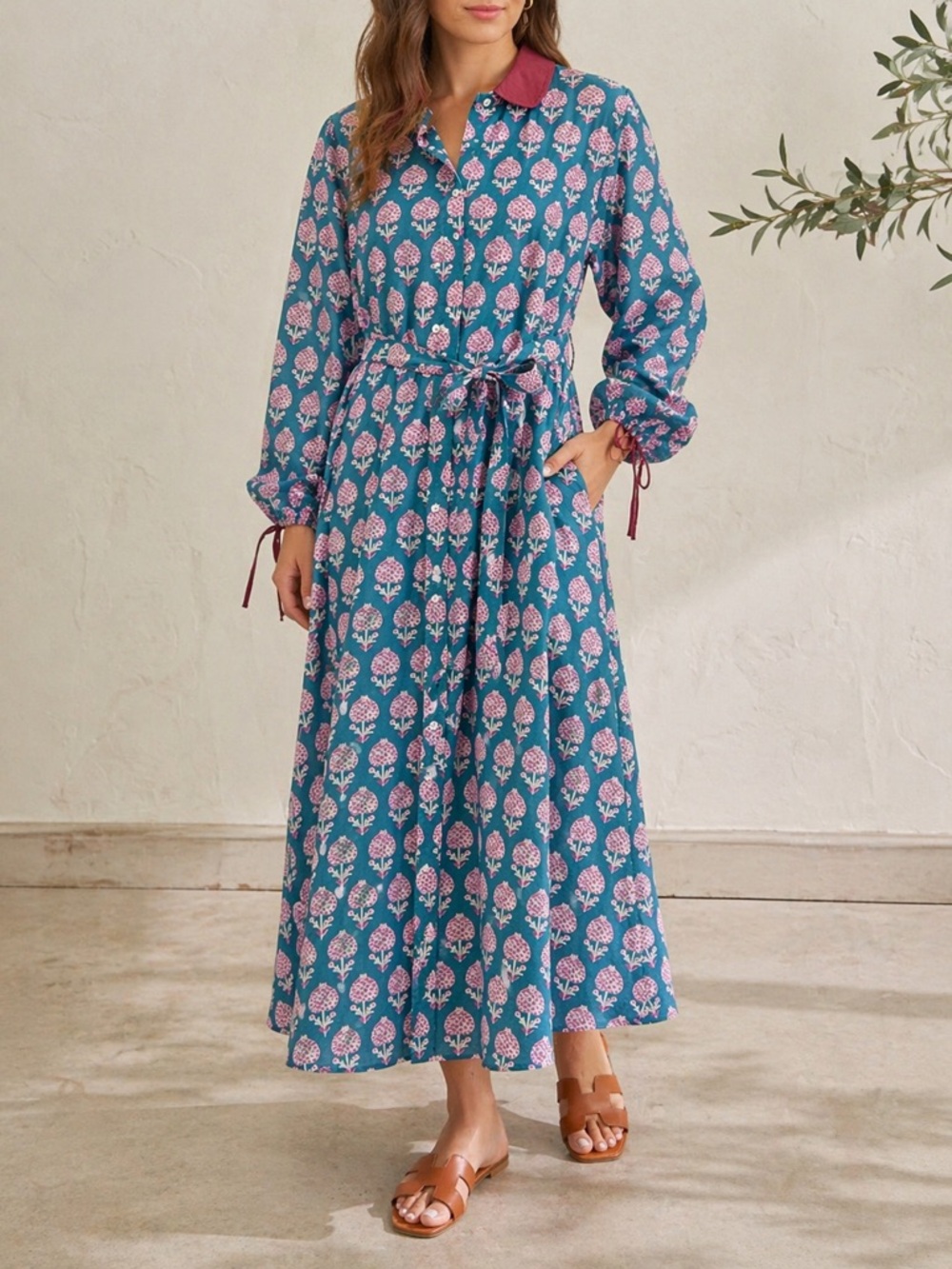 NWT Pomegranate Teal Floral Shirt Dress Medium Cotton Belted Button Front Midi